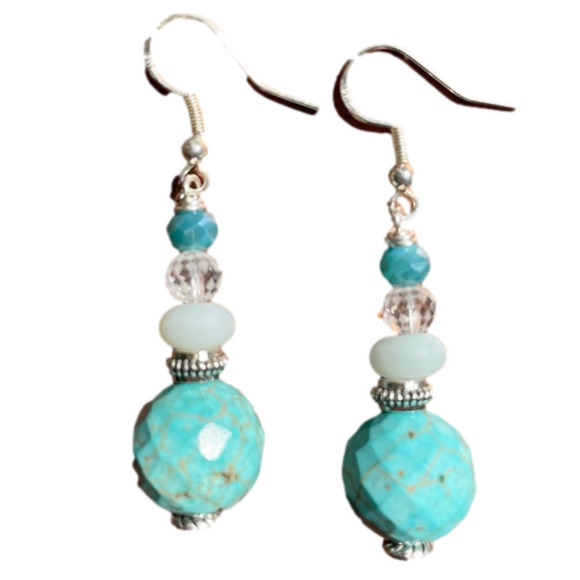 π
ΊSTERLING Silver Earrings Genuine Howlite Beads Ocean Blues & Clear Crystals - Picture 6 of 6